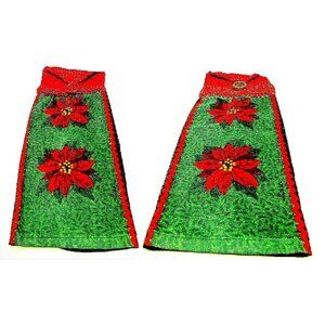 Christmas Kitchen Towels Crochet Top Red & Green Button Top Set of 2